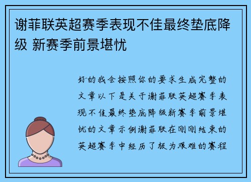 谢菲联英超赛季表现不佳最终垫底降级 新赛季前景堪忧 谢菲联英超赛季表现不佳最终垫底降级 新赛季前景堪忧